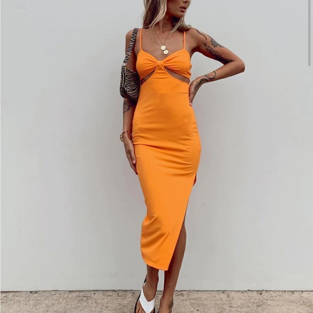 Morning Mist Orange Origami Ribbed Midi Cutout Dress With Slit Size US X…